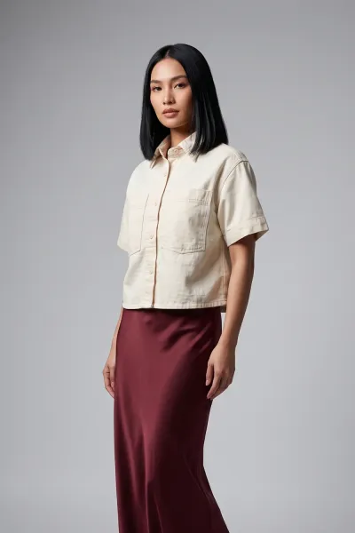 Soft Denim Polo Crop Shirt