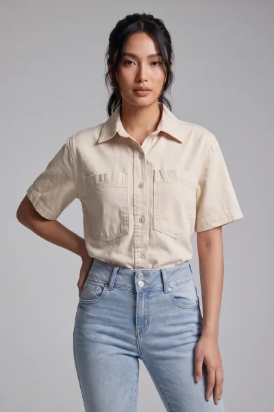 Soft Denim Polo Crop Shirt