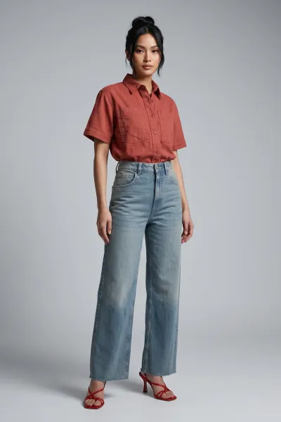 Soft Denim Polo Crop Shirt