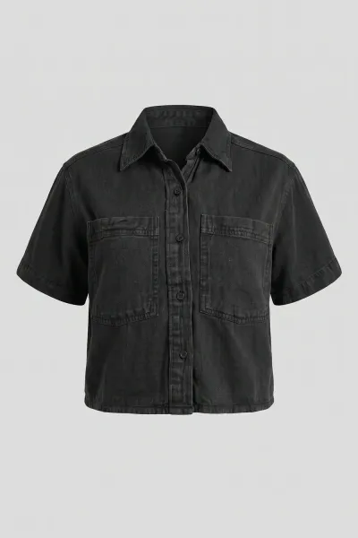 Soft Denim Polo Crop Shirt