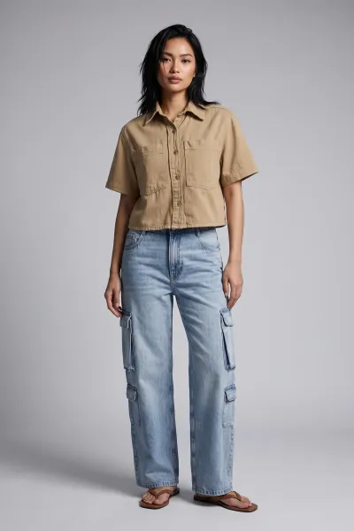 Soft Denim Polo Crop Shirt
